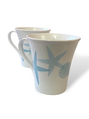 Set of 2: 222 Fifth Coastal Life Blue Starfish Shell Coffee Mugs Fine China 12oz